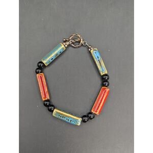 Vintage Artisan Glazed Ceramic Tube Bead Bracelet Sterling Silver 7" Boho Blue